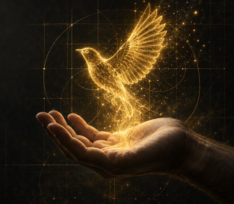 A golden light-construct bird