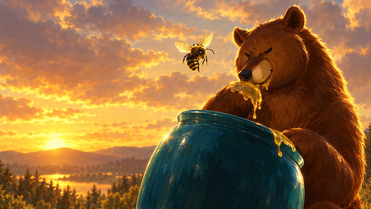 A bear eating honey from a big blue jug while a bee watches