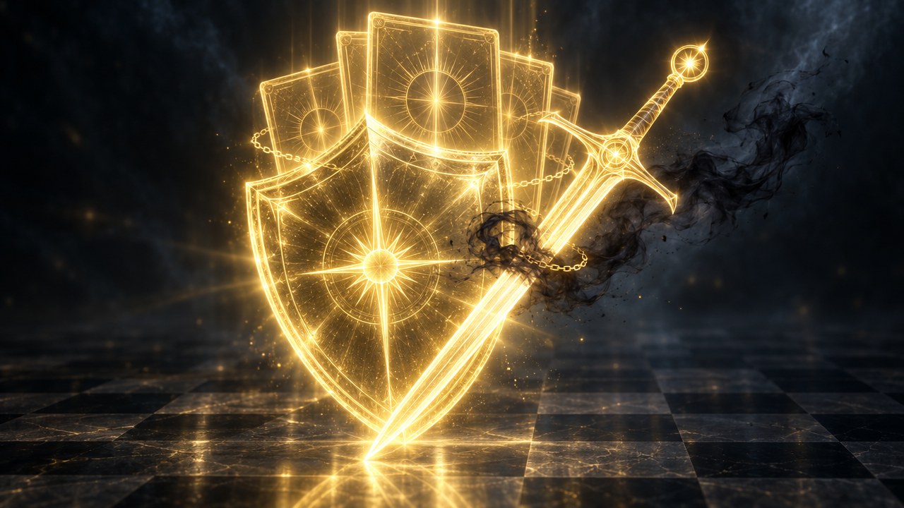 A gold light shield and sword binding a stray thought