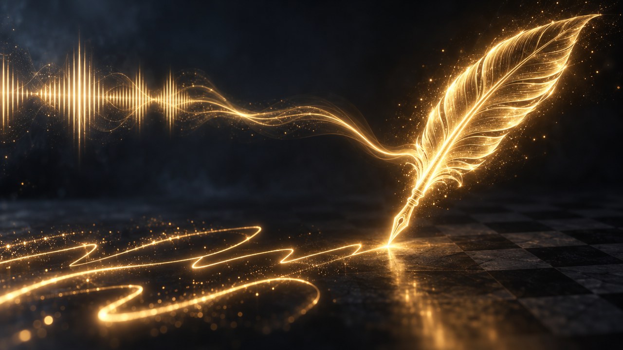 A quill made of gold light writing by voice