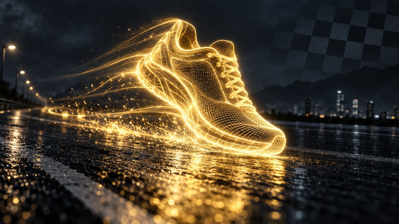 A running shoe made of gold light